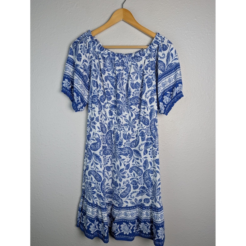 LOFT Dress Womens S Blue Floral Off Shoulder Short Sleeve Sundress Crochet
